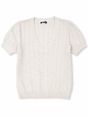 Splendid White Pointelle Knit V Neck Short Sleeve Sweater Women’s S 19x23